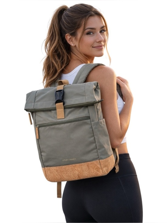 Atley James Handbags - NWT Atley James Dakota Roll-Top Backpack - Khaki Tan with Cork Accents